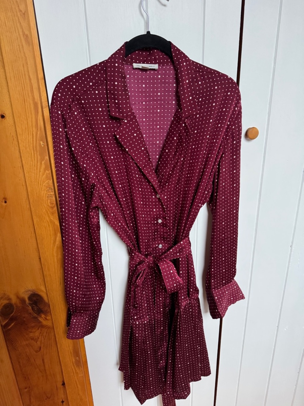 Women's Burgundy Polka Dot Button-Front Tie-Waist Top